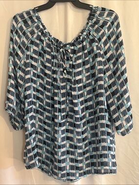 Women’s Navy, Turquoise and Black Patterned Peasant Blouse, by Quintessential